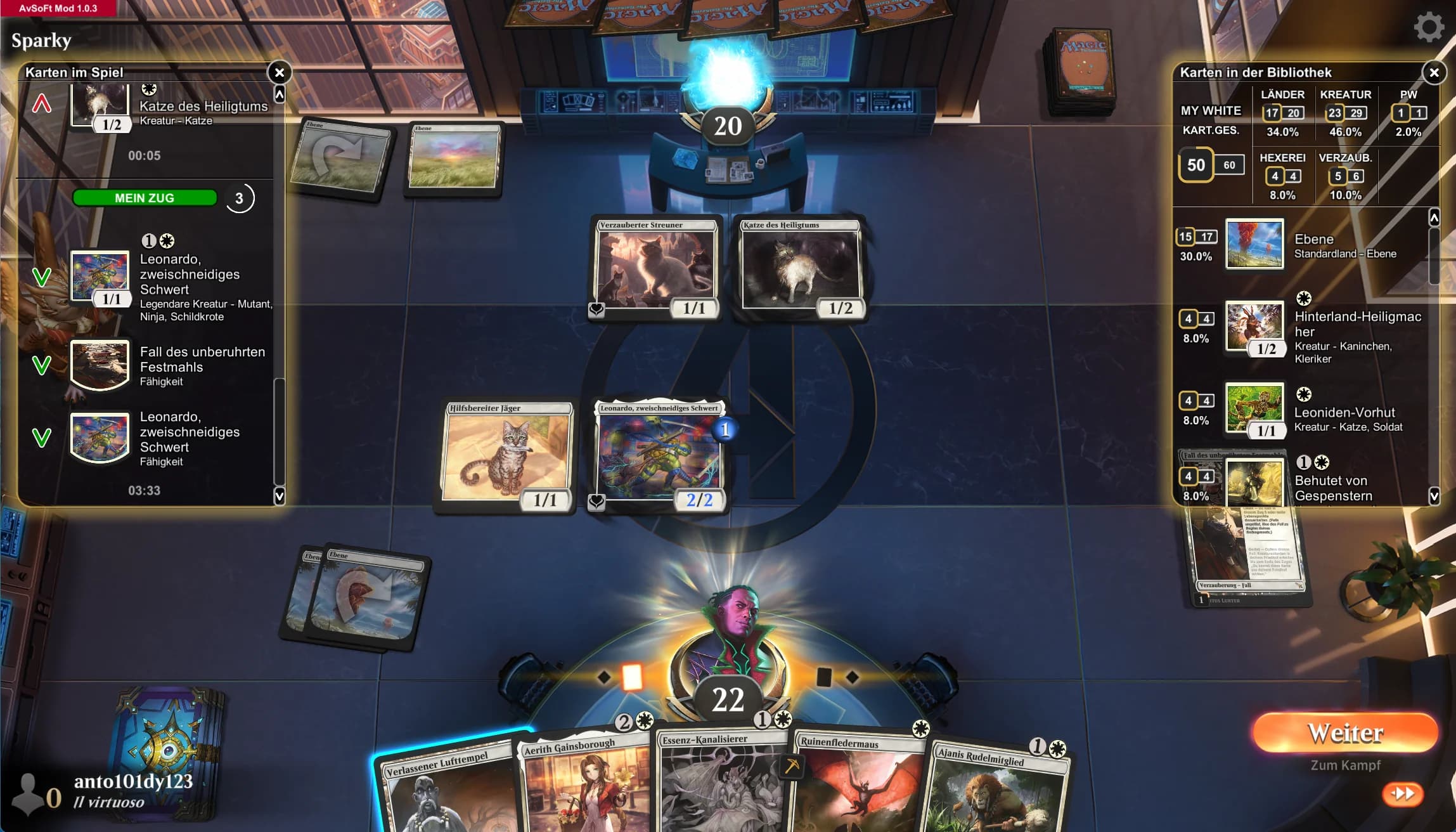 Screenshot von Magic: The Gathering Arena mit aktiven AvSoFt Mod Panels während eines Matches