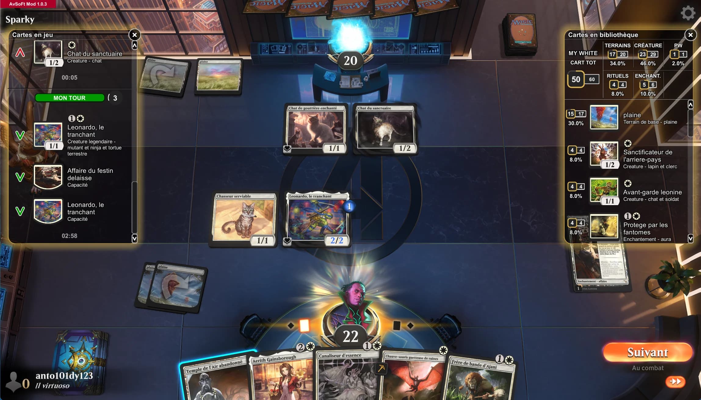 Capture d'écran de Magic: The Gathering Arena avec les panneaux d'AvSoFt Mod actifs pendant une partie